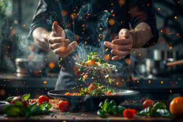hands of a chef who prepares food in a professional kitchen with dys and steaming products, haute cuisine concept