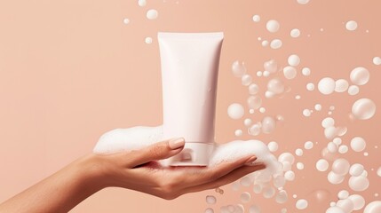 female hand holding a white cosmetic tube with cleanser, shower gel or shampoo on a pink background with foam and splashes