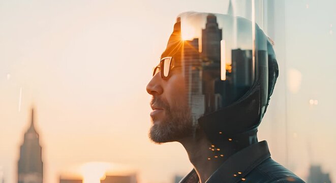 Man's profile blended with cityscape at sunrise, creating a double exposure effect.