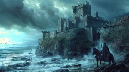 A historic medieval castle on a cliff, ocean waves crashing below, dramatic sky, knights and horses, period architecture. Resplendent.