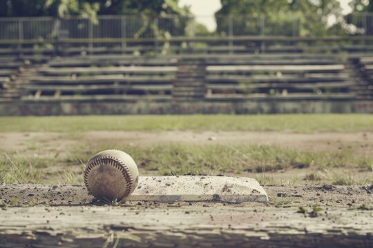 A baseball is sitting on a wooden bench in a field