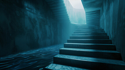 Sunlight filters into a flooded concrete staircase, creating a tranquil yet surreal atmosphere.