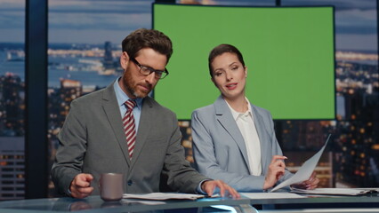 Mockup tv studio presenters broadcasting news in air multimedia channel closeup