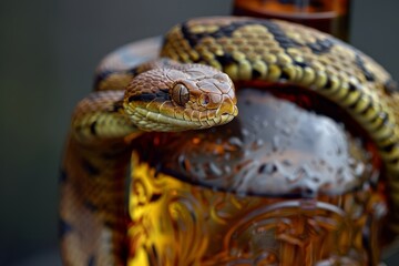 Obraz premium Serpentine snake coils around alcoholic bottle, Generative AI