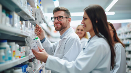 Obraz premium Smiling pharmacists in white coats, working and discussing medication options in a well-stocked pharmacy.