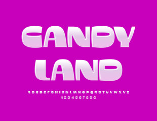 Vector stylish Sign Candy Land. Trendy Glossy Font. Artistic White Alphabet Letters and Numbers set.