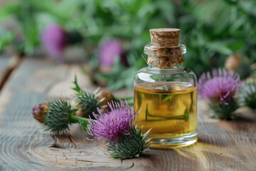 Obraz na płótnie Canvas A bottle of tincture or essential oil and flowers of thistle on a wooden background