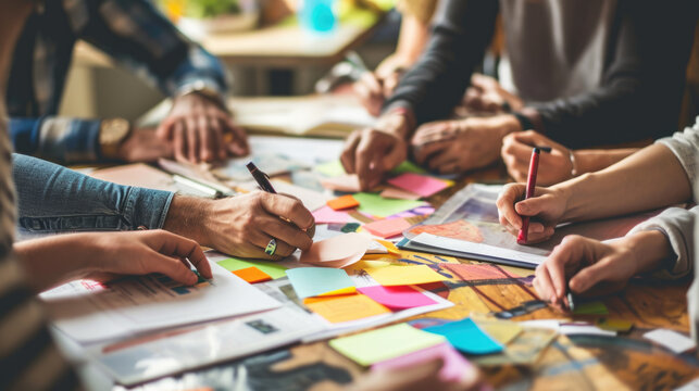 ?lose-up view of several hands collaboratively working on a project with colorful sticky notes, papers, and digital devices on a wooden table.