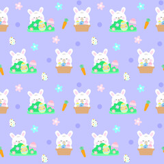 Easter Day seamless kids pattern cute hand drawn bunny play egg hunt background vector illustration