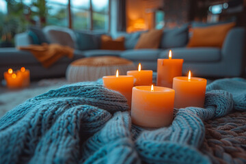 Photo of living room with lots of soft woolen items and lit candles, that creating a cozy atmosphere