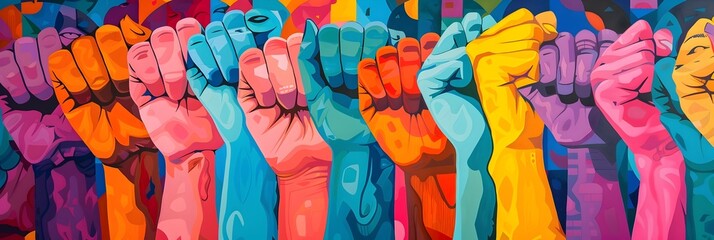 Colorful Hands United in Feminist Style, To inspire empowerment and unity through a modern, colorful depiction of hands in a feminist perspective - obrazy, fototapety, plakaty