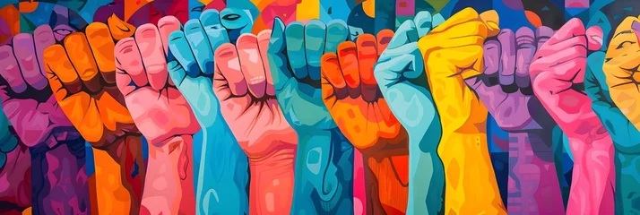 Foto auf Acrylglas Colorful Hands United in Feminist Style, To inspire empowerment and unity through a modern, colorful depiction of hands in a feminist perspective © Mickey