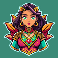 sticker portraying a beautiful girl in a statement outfit, with intricate details and vibrant colors, tailor-made for enhancing t-shirt aesthetics