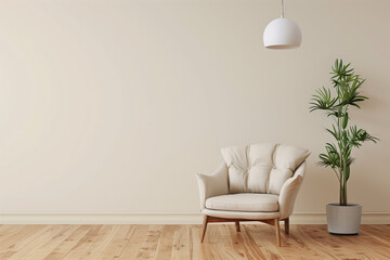 living room wall mockup with armchair, lamp, interior plant, and wood floor.AI generated