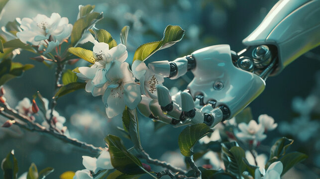 A futuristic scene where a robot hand delicately plucks a fresh apple blossom, symbolizing the integration of technology and natural processes in horticulture. 8K.