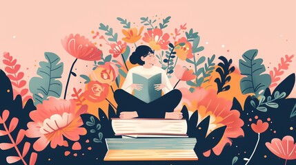 A woman is sitting on a pile of books and reading. The scene is peaceful and relaxing, with the woman surrounded by nature and the books. The woman is enjoying her time reading