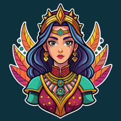 sticker portraying a beautiful girl in a statement outfit, with intricate details and vibrant colors, tailor-made for enhancing t-shirt aesthetics