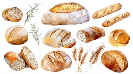a bunch of breads and rolls on a white background
