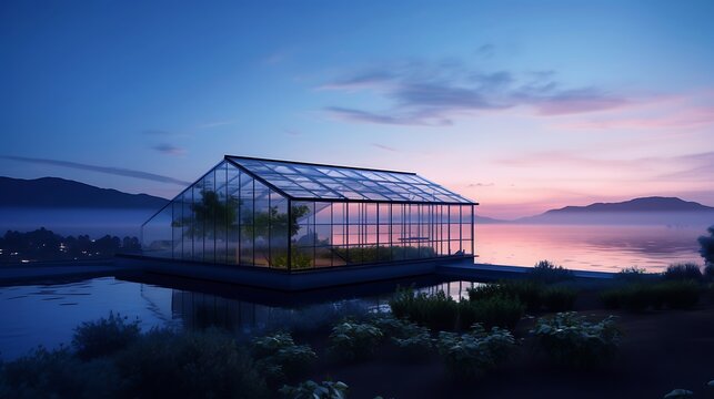 an AI-generated image of a minimalist greenhouse nestled by the ocean,