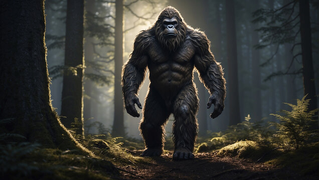 Bigfoot sasquatch moody lighting in a dark forest best
