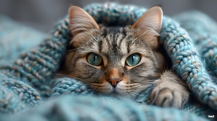 cat wrapped up in a blanket - illustraion - ai generated