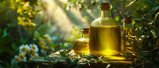 Bottles of oil are on a wooden table in a lush green forest