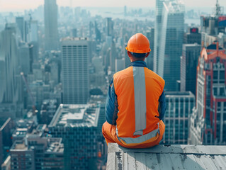 Rear view of a worker in safety uniform and safety helmet on top of a building. Builder or building maintenance. City background with buildings and skyscrapers 