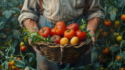 A close-up of a farmer holding a basket of freshly harvested vegetables.