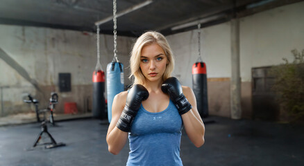 Młoda blond kobieta o niebieskich oczach pozuje w rękawicach bokserskich na tle sali treningowej w której wiszą worki bokserskie - obrazy, fototapety, plakaty