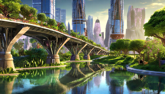 Explore the eerie beauty of a futuristic abandoned city, with its towering bridge and futuristic structures. Perfect for banners, depicting dystopian landscapes
