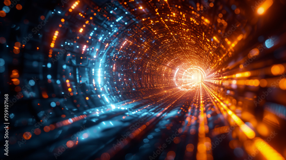 Wall mural abstract visualization of a light tunnel with a perspective of traveling towards a bright light sour