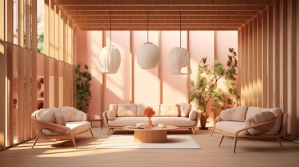 Naklejka na ściany i meble an AI-generated image of a thoughtfully designed space with timber and clay elements, 