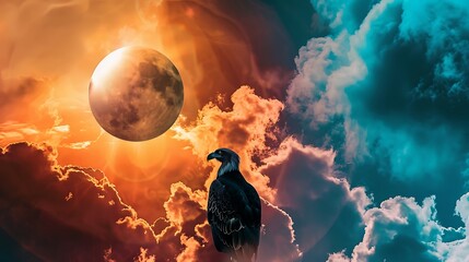 an AI-generated image of an eagle with its back turned, gazing at a massive solar eclipse...