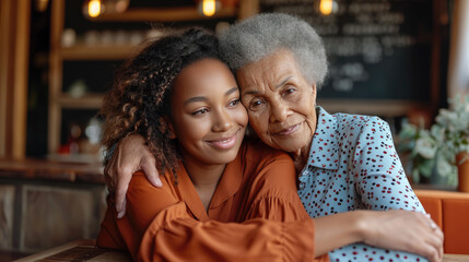 Young woman and an elderly woman closely posing together, smiling warmly, giving a sense of family, affection, and generational connection.
