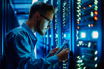 A professional IT specialist stands in a server room, focusing on a tablet displaying important data.