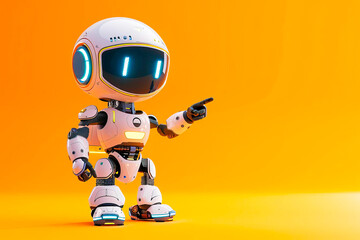 Adorable robot pointing at an object with a bright yellow background. - obrazy, fototapety, plakaty