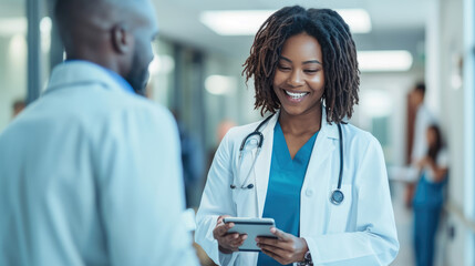 Smiling young female doctor with a stethoscope around her neck, holding a tablet, standing in a hospital corridor.