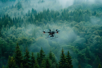 Fototapeta na wymiar Drone flies above a dense forest of green trees.