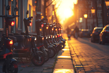 Photo of electric scooters standing in a row against the backdrop of the setting sun. The concept of convenient movement around the city using electric transport - Powered by Adobe