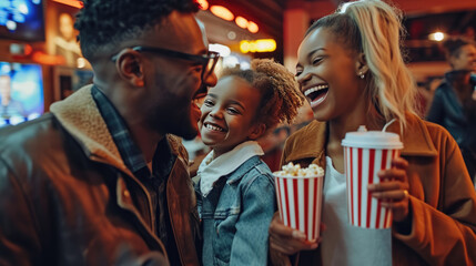 Joyful family of three is sharing a moment at the cinema lobby - obrazy, fototapety, plakaty