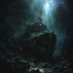 underwater , a derelict ship, a digital paintings
