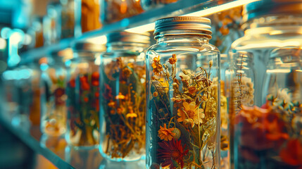 A mesmerizing close-up of intricate herbal infusions steeping in glass jars, releasing their therapeutic properties and aromatic essence, inviting viewers to indulge in the sensory experience  - obrazy, fototapety, plakaty