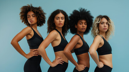 Diverse group of five women in black athletic wear are standing confidently together against a teal background.