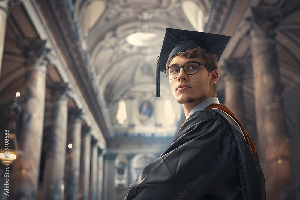 Wall mural Graduate Standing in Library and Courtyard, To convey a sense of achievement and ambition in education and future career