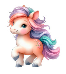Little pony horse unicorn with a colored mane and tail. Watercolor illustration - 759108517