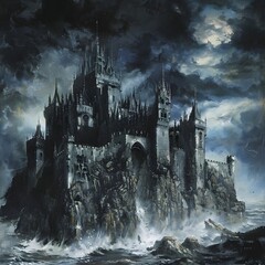 Gothic Castle Rising from the Deep Ocean Depicted in a Painting