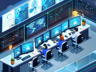 Fototapeta premium Network Operations Center, Information Processing Center or Online Customer Support Center 