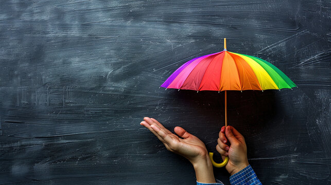 Person holds small umbrella with rainbow colors on dark background. Copy space for text