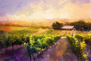 A rolling vineyard bathed in the warm glow of a setting sun.  Impressionist