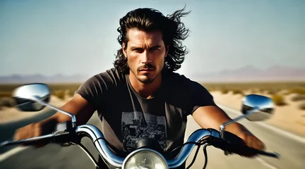 Gordijnen Portrait of a guy riding a motorcycle in a desert highway. Tough biker © Gaston